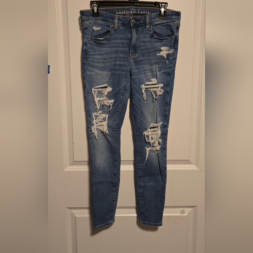 American Eagle Blue Skinny Jeans with Distressed Details